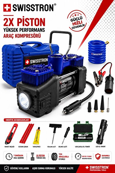 SwissTron Ağır Hizmet 12V 150PSI Çift Silindirli Çantalı Oto Kamyon Lastik Şişirme Hava Kompresör Set