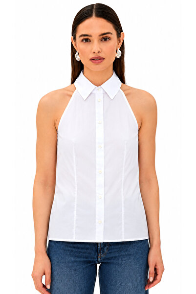 by shirts collection Λευκό βαμβακερό σατέν πουκάμισο με μηδενικά μανίκια