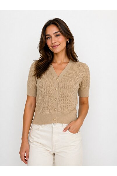 MODASPARK Women's V-Neck Heart Button Detailed Short Sleeve Hair Knit Merceri...