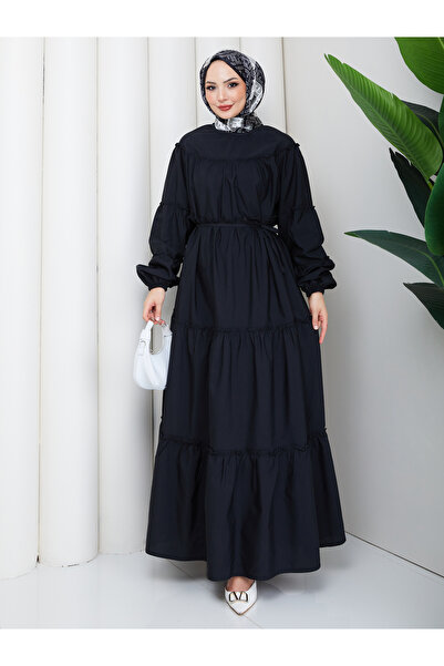 EFSUN MODA Drawstring Layered Ruffle Dress in Poplin Fabric