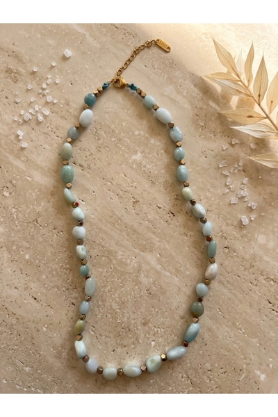 Meneva Aksesuar Amazonite Natural Stone Gold Color Steel Combination Necklace