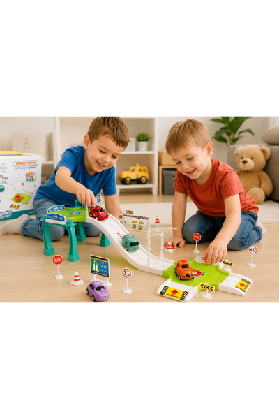 DIY Set Parcare auto cu pista si 3 masinute incluse, garaj pe 3 niveluri pent...