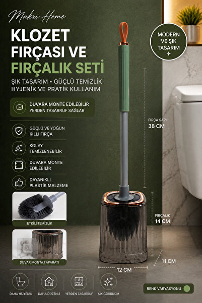 MAKRİ HOME Wall Mountable Toilet Brush and Holder Set, Green Handle, 51 cm