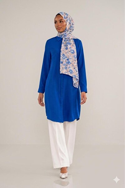 EnModa Women's Terrycotton Hidden Button Boyfriend Long Tunic Shirt & Hijab S...