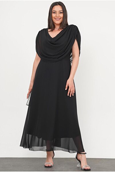 FOR ESRA BIG TREND Rochie de seară lungă din șifon, neagră, mărime mare, cu d...