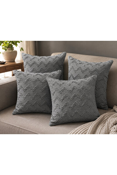ZEGPAR Kırlent Kılıfı 4 Adet Gri Pamuklu Saçaklı Şönil Kumaş 43 x 43 cm