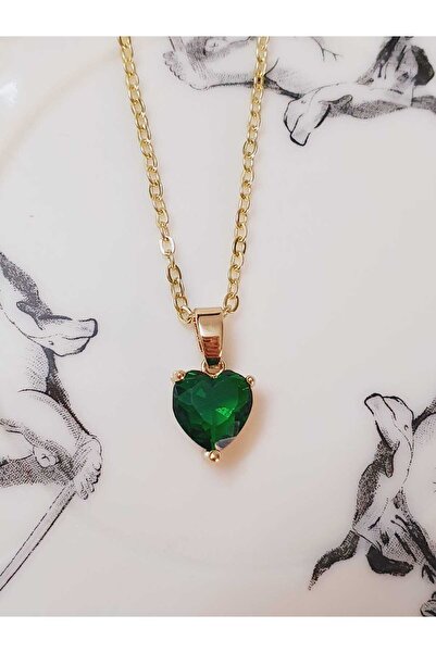 PRETTY LITTLE LADY Dark Green Zirconium Heart Necklace Heart,Copper Inlaid