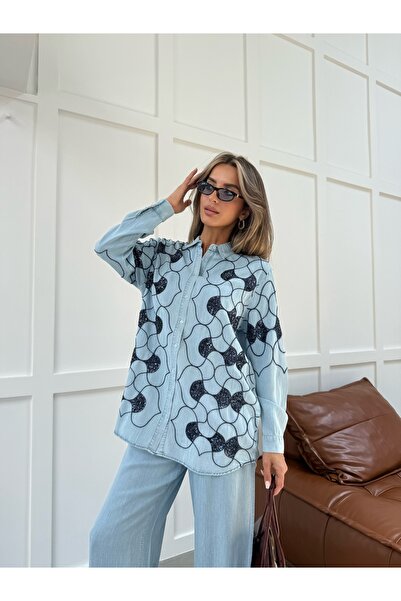 MİA NOURA Women's Oversize Denim Shirt with Embroidered Front and Sleeves