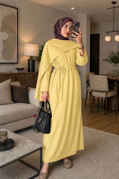 MAG FASHİON Yellow Hijab Dress Cotton Fabric Shawl Collar Hijab Dress