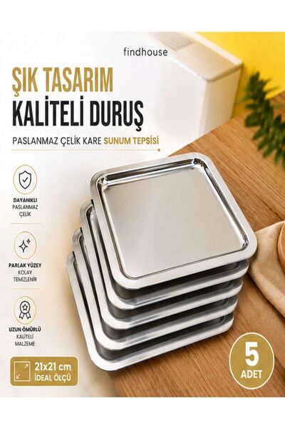 findhouse Paslanmaz Çelik Beşli Kare Sunum Tepsisi Ev Cafe Restaurant