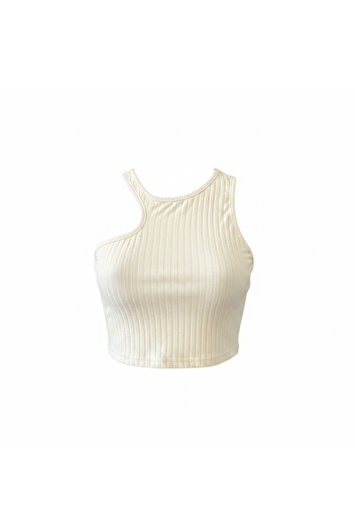 Generic Women's White Ribbed Asymmetrical Cutout Crop Top