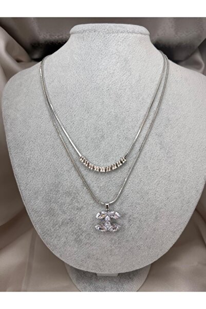 ZS Aksesuar Silver Color Double Layer Zircon Stone Necklace Set Elegant Women...