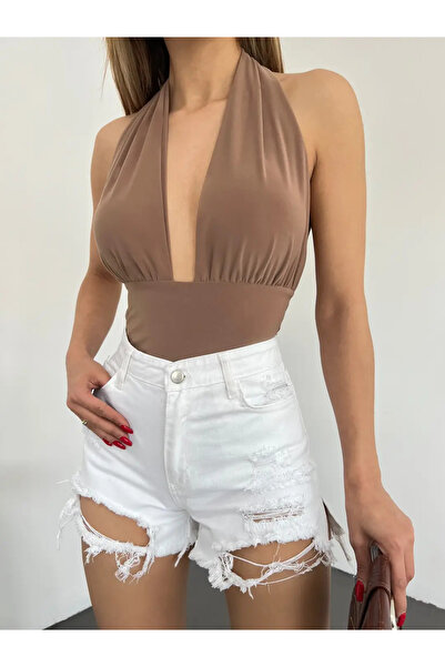 Caddebostan Moda High Waist Ripped Laser Cut Denim Shorts