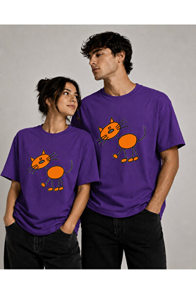 VODEXA Tricou oversize unisex ORANGE CAT imprimat, 100% bumbac, croială confo...