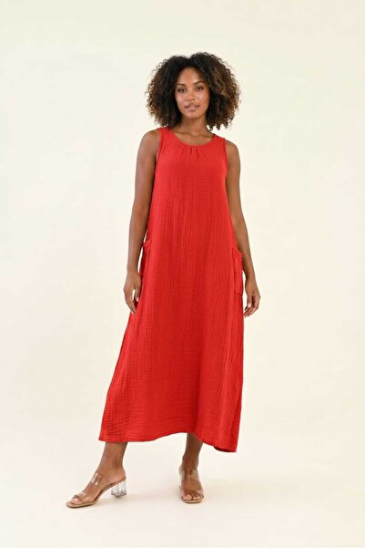 madam trend Coral Red Women's 100% Cotton Muslin Fabric Pocketed Sleeveless L...