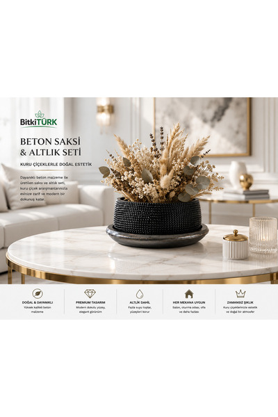 BitkiTÜRK Dokulu Beton Saksı ve Altlık Seti – Dekoratif İç Mekan Saksısı 19x1...