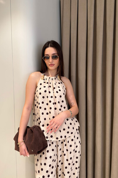 MAGARDE Polka Dot Patterned Halter Neck Blouse - Beige