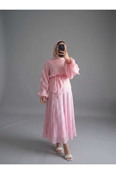 Rahimedurmuscollection Şeker Pembe Müslin Kumaş Etekli Takım