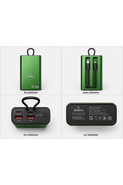 ENERX ENR-P10MTK Powerbank 10000 Mah 22.5W Hızlı Şarj, Dahili Type-C Kablolu Yeni Nesil Metal Kasa Taşınabilir Şarj Cihazı Yeşil