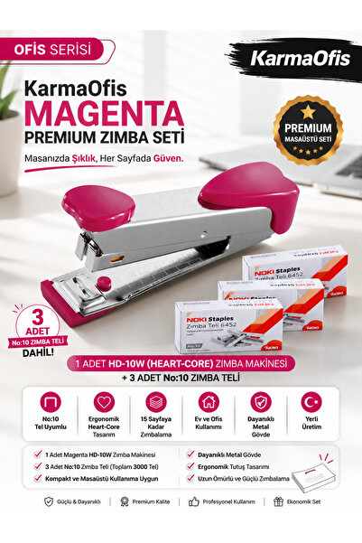 KarmaOfis Magenta Premium Stapler Set Hd-10W Heart-Core Stapler + 3 Pcs No:10...