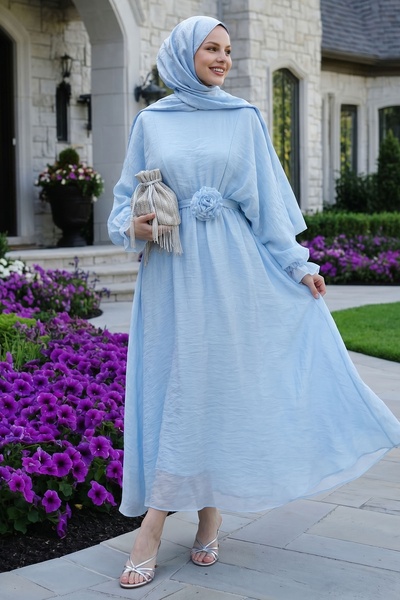 InStyle Bat Sleeve Rose Belted Baby Blue Dress