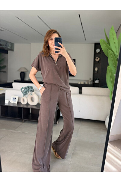 My Blog Brown 100% Cotton Collared Zippered Pique Set - F0025