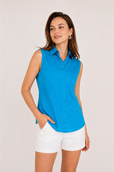 Nuevo Women's Turquoise Zero Sleeve Buttoned Shirt Blouse Summer -