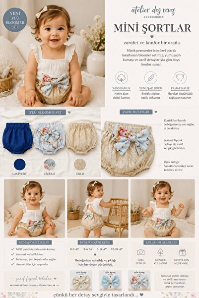 Atelier Des Reves Kız Bebek 3’lü Bloomer Şort ve Fiyonk Saç Bandı Seti