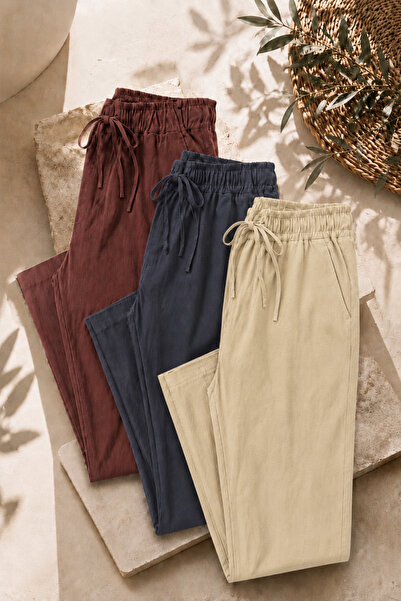 COMBİNE MİCHAİL Men's 3-Piece Loose Linen Trousers with Elastic Waist