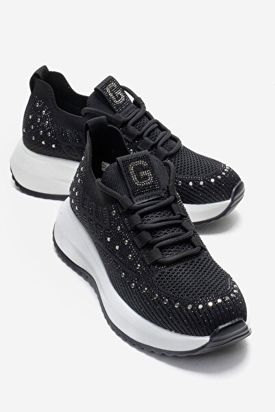 Ataköy Ayakkabı Kadın Taşlı Triko Dolgu Topuklu Spor Ayakkabı Sneakers Siyah