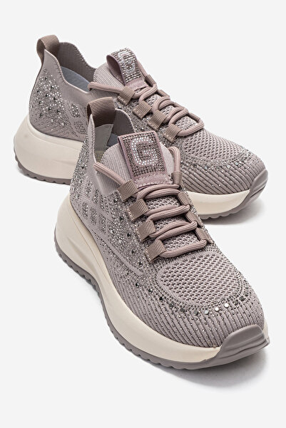 Ataköy Ayakkabı Kadın Taşlı Triko Dolgu Topuklu Spor Ayakkabı Sneakers Vizon