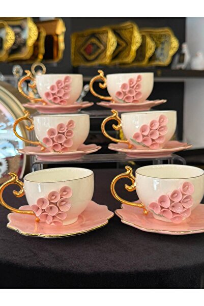 LOKMAN ZÜCCACİYE SHOWROOM 6 KİŞİLİK PEMBE RENK PORSELEN GÜL DETAYLI PORSELEN ...