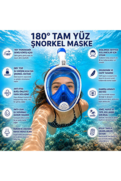 MultiZone Tam Yüz Şnorkel Maske 180° Panoramik Deniz Havuz Gözlüğü S-M, L-XL ...