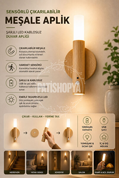PATİSHOPYA Sensörlü Şarjlı LED Duvar Apliği Çıkarılabilir Meşale Kablosuz Ahş...