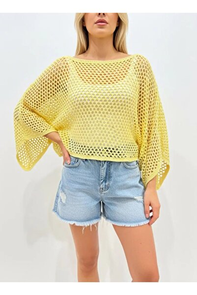 Park Karon Kadın Delikli Oversize Kayık Yaka Triko Bluz 8722