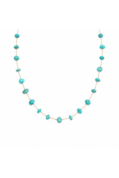 POSEİDONS JEWELLERY Turkuaz Taş Zincir Kolye 316L Paslanmaz Çelik 14K Altın K...