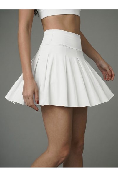 Noe Collection Women's High Waist Pleated Sports Tennis Skirt with Inner Tights White