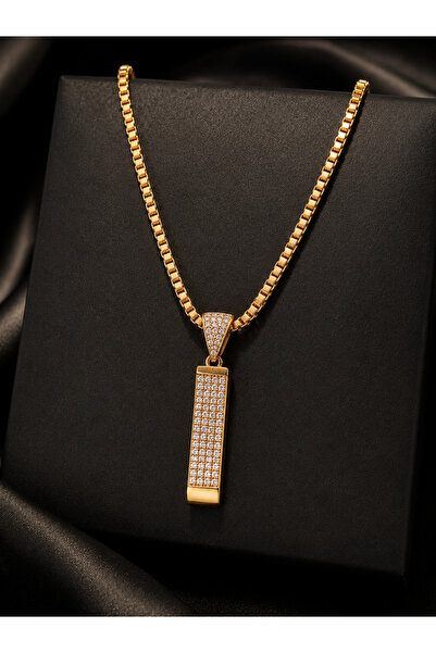 OEM Unisex 14K Gold Plated Chain, Length 60 cm, Rectangular Pendant with Zirc...