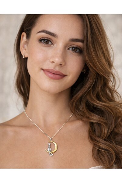 Larezo 925 Silver Necklace, Cat on the Moon Pattern, Crescent Moon Pendant wi...
