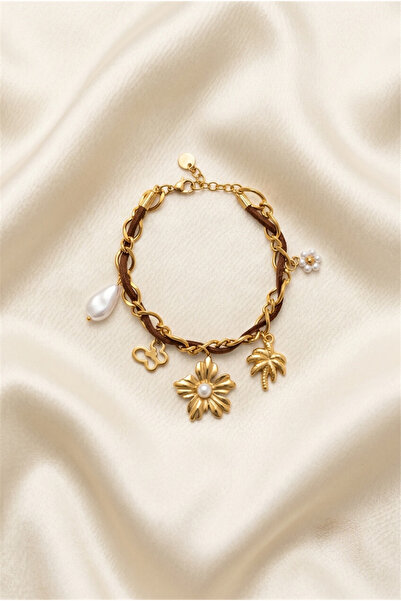 Pelin Aksesuar Gold Color Steel Bracelet with Brown Rope Detail and Flower Fi...