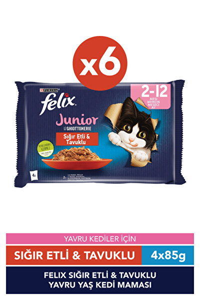 FELIX Sığır Etli ve Tavuklu Yavru Yaş Kedi Maması 4 x 85 g x 6 Adet