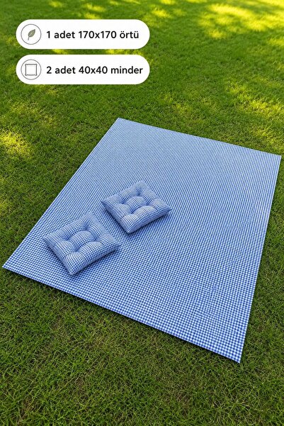 cmn home Mavi Piknik Örtüsü 170X170 Ve 2 Adet Piknik Minderi 40x40 Cm Piknik ...