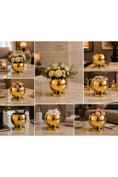 RoyalDecorHome Gold Mini Küre Dekoratif Vazo, Çok Amaçlı Obje