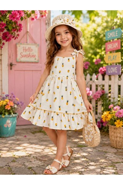 Kuzucuk Kids Bebek Çocuk Butik Kız çocuk Ananas Desenli Askılı Şapkalı Yazlık...