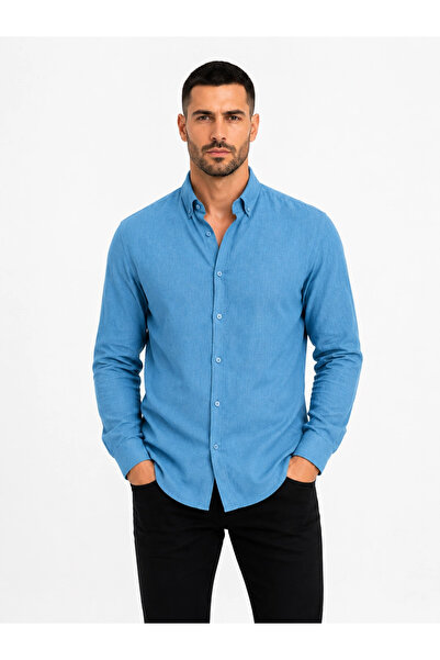 Keops Men's Linen Fabric Long Sleeve Regular Fit Shirt - Petrol