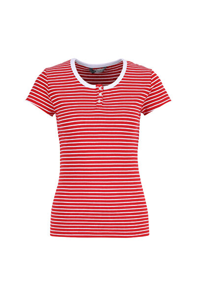 Lee Cooper Kırmızı Kadın Slim Fit Çizgili T-Shirt 262 LCF 242024 STRIPE KIRMI...