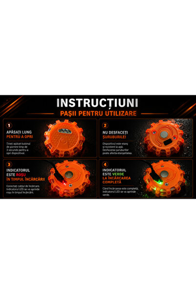 Sofia Concept Kit 3 Lampi Avertizare in Caz de Urgenta cu LED, SofiaCONCEPT®, 650mAh, 9 Moduri, Orange