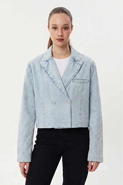 Twister Jeans J74-02 Light Blue Ceket Yaka Düğmeli Oversize Kadın Kısa Kot Ce...