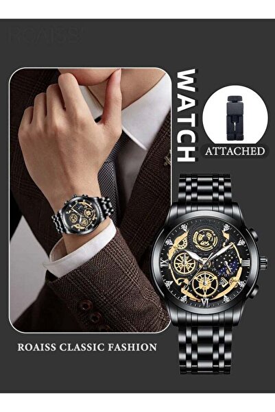 ROAISS Mens Stainless Steel Strap Quartz Watch Analog Display Round Black Hol...