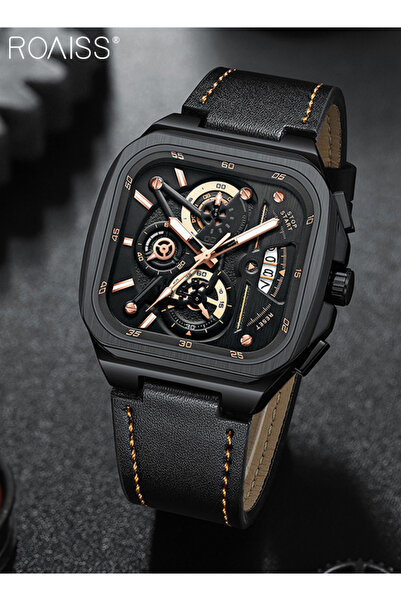 ROAISS Men's Chronograph Quartz Watch with Leather Strap Square Black Dial Go...